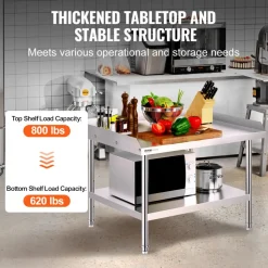 VEVOR Stainless Steel Work Table, 30 x 36 x 26 Inch Commercial Food Prep Worktable, 3-Sided Backsplash Heavy Duty Prep Worktable, Metal Work Table with Adjustable Height for Restaurant Home Hotel