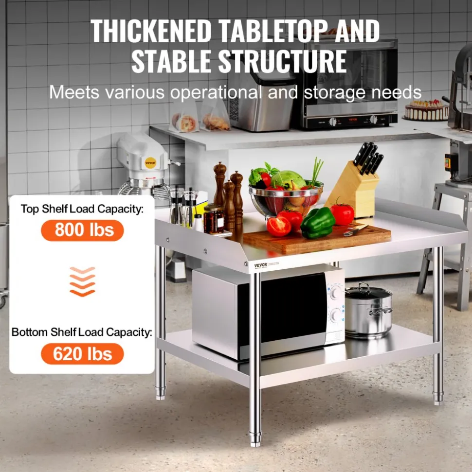 VEVOR Stainless Steel Work Table, 30 x 36 x 26 Inch Commercial Food Prep Worktable, 3-Sided Backsplash Heavy Duty Prep Worktable, Metal Work Table with Adjustable Height for Restaurant Home Hotel