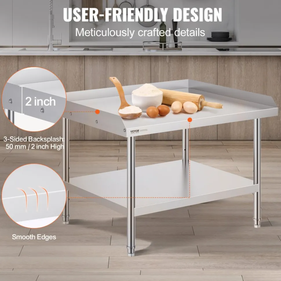 VEVOR Stainless Steel Work Table, 30 x 36 x 26 Inch Commercial Food Prep Worktable, 3-Sided Backsplash Heavy Duty Prep Worktable, Metal Work Table with Adjustable Height for Restaurant Home Hotel