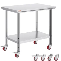 VEVOR Stainless Steel Work Table 35 x 24 x 33 Inch, 300 LBS Load Capacity with 4 Wheels, 3 Adjustable Height Levels, Heavy Duty Food Prep Worktable for Commercial Kitchen Restaurant, Silver