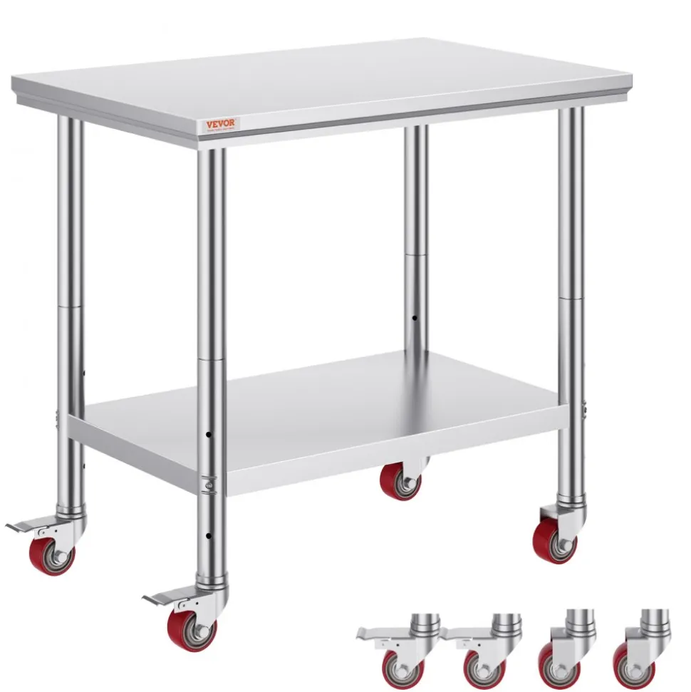 VEVOR Stainless Steel Work Table 35 x 24 x 33 Inch, 300 LBS Load Capacity with 4 Wheels, 3 Adjustable Height Levels, Heavy Duty Food Prep Worktable for Commercial Kitchen Restaurant, Silver