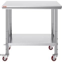 VEVOR Stainless Steel Work Table 35 x 24 x 33 Inch, 300 LBS Load Capacity with 4 Wheels, 3 Adjustable Height Levels, Heavy Duty Food Prep Worktable for Commercial Kitchen Restaurant, Silver