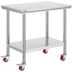 VEVOR Stainless Steel Work Table 35 x 24 x 33 Inch, 300 LBS Load Capacity with 4 Wheels, 3 Adjustable Height Levels, Heavy Duty Food Prep Worktable for Commercial Kitchen Restaurant, Silver