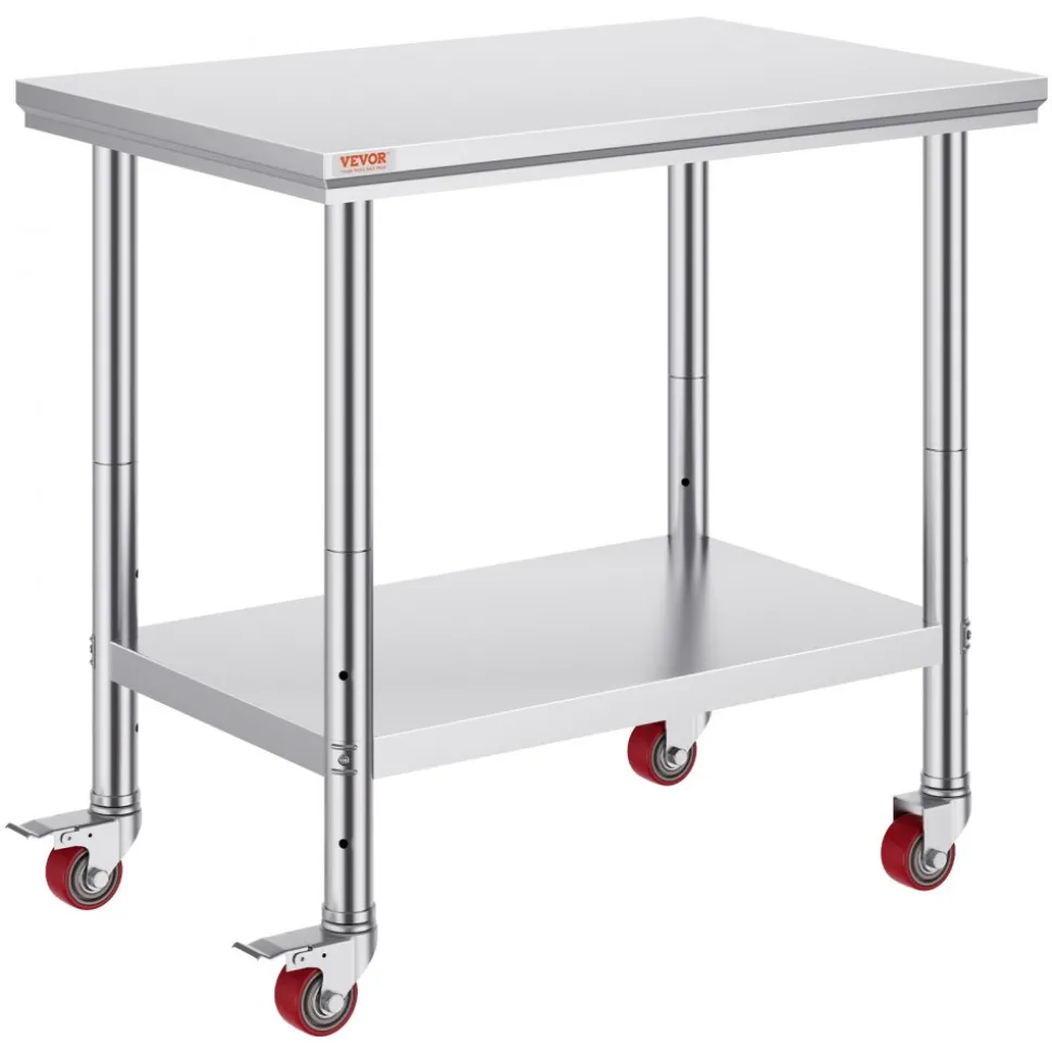 VEVOR Stainless Steel Work Table 35 x 24 x 33 Inch, 300 LBS Load Capacity with 4 Wheels, 3 Adjustable Height Levels, Heavy Duty Food Prep Worktable for Commercial Kitchen Restaurant, Silver