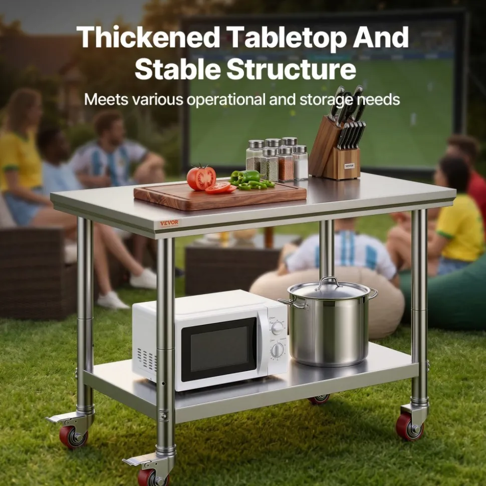 VEVOR Stainless Steel Work Table 35 x 24 x 33 Inch, 300 LBS Load Capacity with 4 Wheels, 3 Adjustable Height Levels, Heavy Duty Food Prep Worktable for Commercial Kitchen Restaurant, Silver