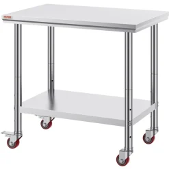 VEVOR Stainless Steel Work Table 35 x 24 x 33 Inch, 300 LBS Load Capacity with 4 Wheels, 3 Adjustable Height Levels, Heavy Duty Food Prep Worktable for Commercial Kitchen Restaurant, Silver