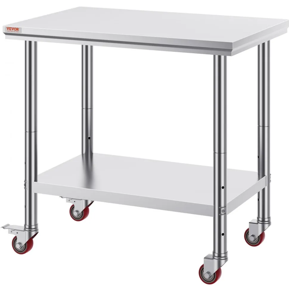 VEVOR Stainless Steel Work Table 35 x 24 x 33 Inch, 300 LBS Load Capacity with 4 Wheels, 3 Adjustable Height Levels, Heavy Duty Food Prep Worktable for Commercial Kitchen Restaurant, Silver