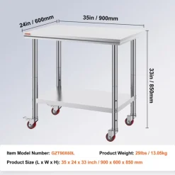 VEVOR Stainless Steel Work Table 35 x 24 x 33 Inch, 300 LBS Load Capacity with 4 Wheels, 3 Adjustable Height Levels, Heavy Duty Food Prep Worktable for Commercial Kitchen Restaurant, Silver