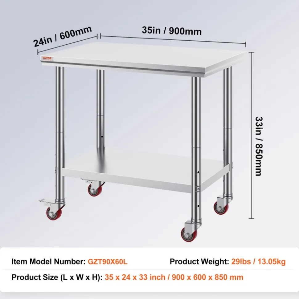 VEVOR Stainless Steel Work Table 35 x 24 x 33 Inch, 300 LBS Load Capacity with 4 Wheels, 3 Adjustable Height Levels, Heavy Duty Food Prep Worktable for Commercial Kitchen Restaurant, Silver