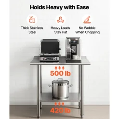 VEVOR Stainless Steel Work Table, 24x36 Inch Food Prep Table with Backsplash, Commercial Kitchen Workstation with Adjustable Undershelf, Metal Heavy Duty Utility Worktable, for Restaurant Home Outdoor