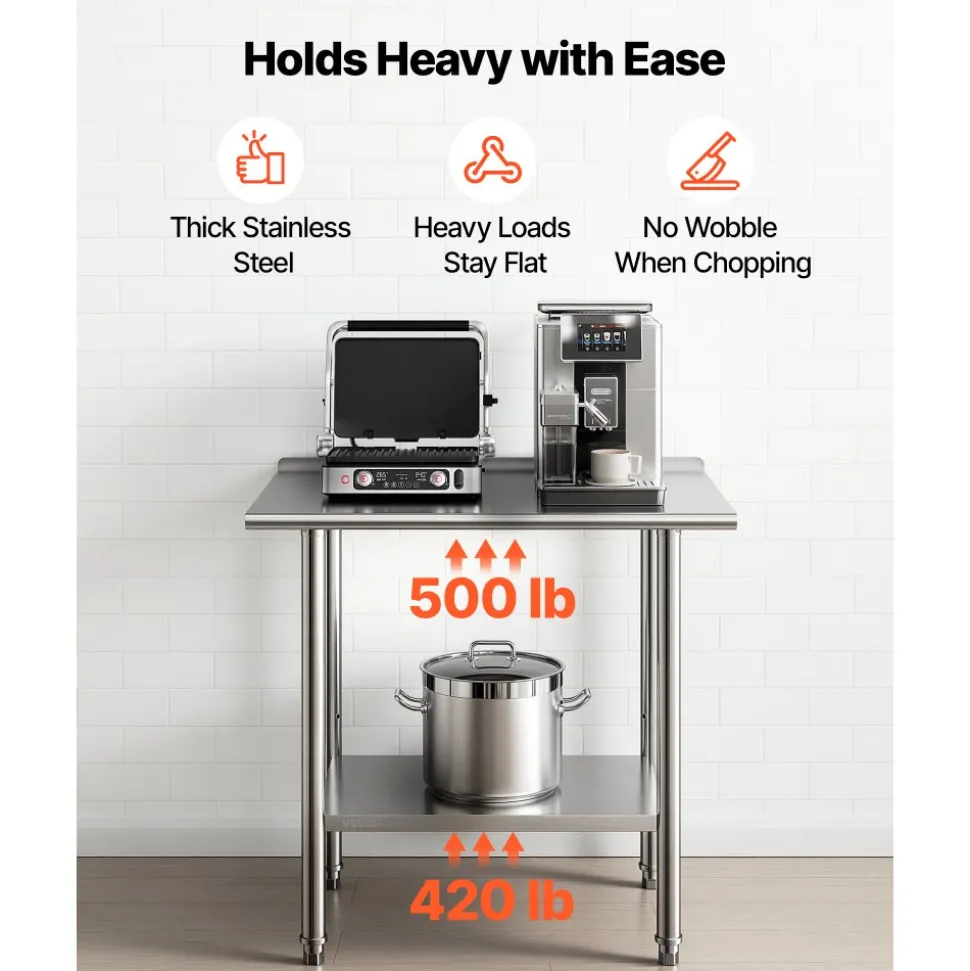 VEVOR Stainless Steel Work Table, 24x36 Inch Food Prep Table with Backsplash, Commercial Kitchen Workstation with Adjustable Undershelf, Metal Heavy Duty Utility Worktable, for Restaurant Home Outdoor