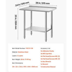VEVOR Stainless Steel Work Table, 24x36 Inch Food Prep Table with Backsplash, Commercial Kitchen Workstation with Adjustable Undershelf, Metal Heavy Duty Utility Worktable, for Restaurant Home Outdoor