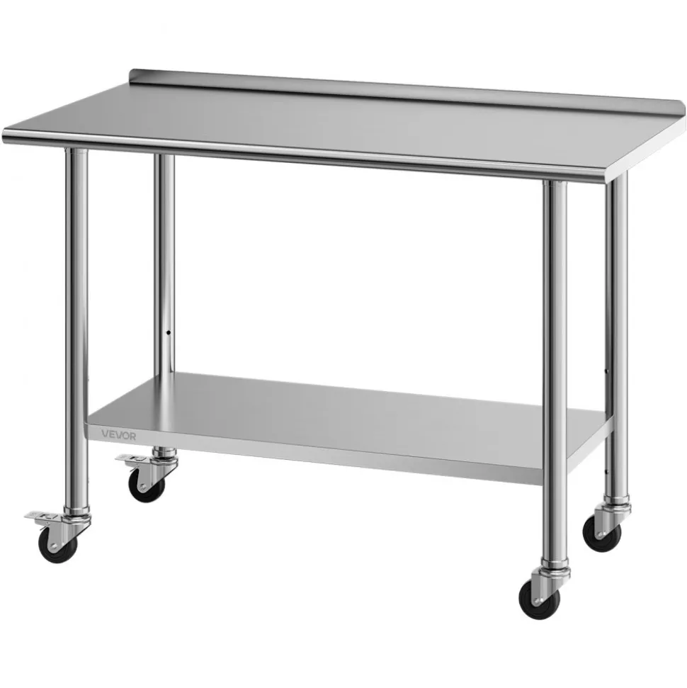 VEVOR Stainless Steel Work Table, 24x48 inch Food Prep Table with Wheels, Commercial Kitchen Workstation with Adjustable Undershelf, Metal Heavy Duty Utility Worktable, for Restaurant Home Outdoor