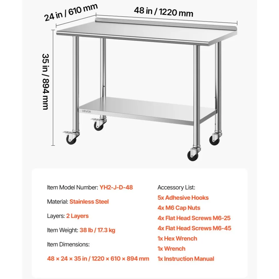 VEVOR Stainless Steel Work Table, 24x48 inch Food Prep Table with Wheels, Commercial Kitchen Workstation with Adjustable Undershelf, Metal Heavy Duty Utility Worktable, for Restaurant Home Outdoor
