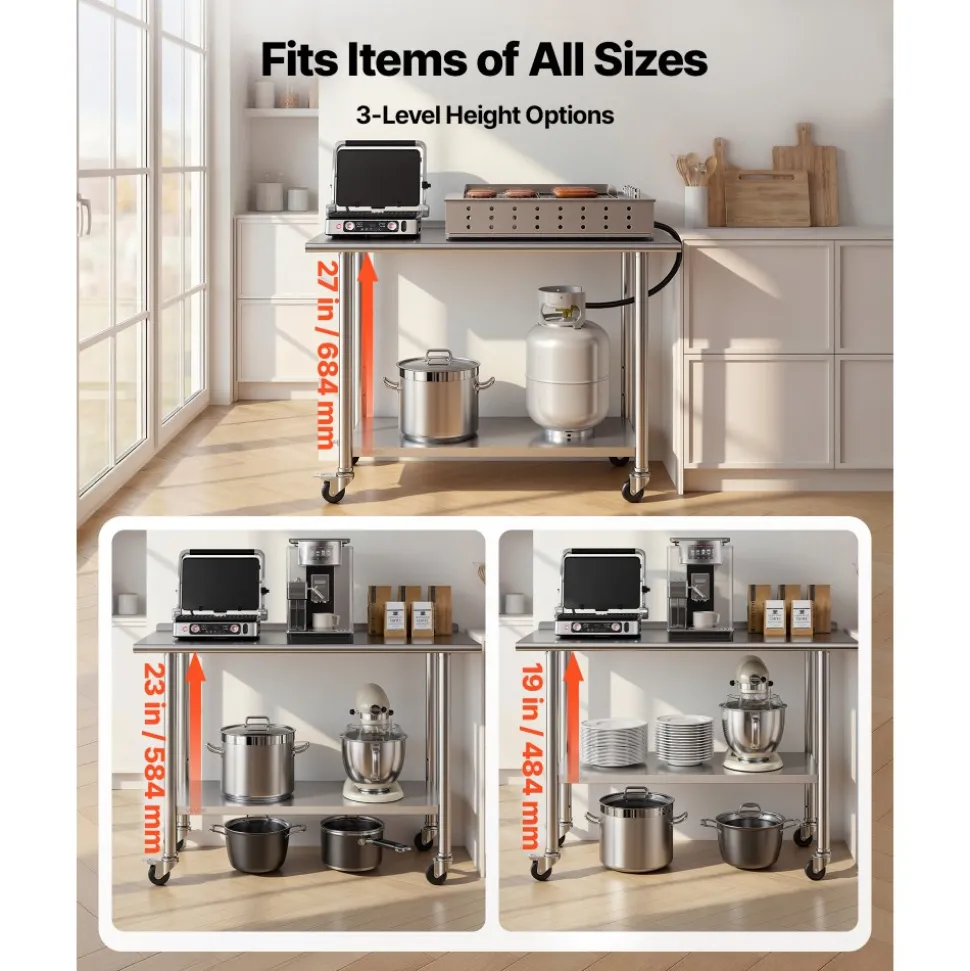 VEVOR Stainless Steel Work Table, 24x48 inch Food Prep Table with Wheels, Commercial Kitchen Workstation with Adjustable Undershelf, Metal Heavy Duty Utility Worktable, for Restaurant Home Outdoor