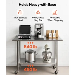 VEVOR Stainless Steel Work Table, 24x48 inch Food Prep Table with Wheels, Commercial Kitchen Workstation with Adjustable Undershelf, Metal Heavy Duty Utility Worktable, for Restaurant Home Outdoor