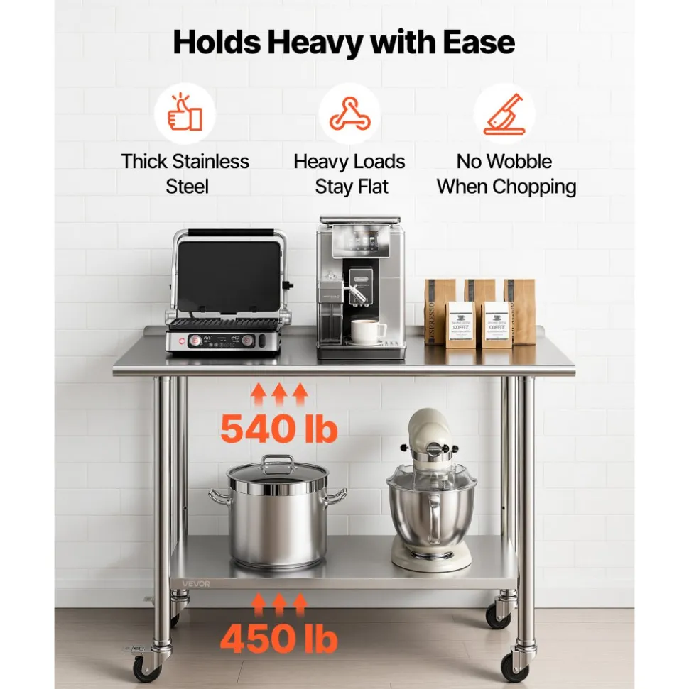 VEVOR Stainless Steel Work Table, 24x48 inch Food Prep Table with Wheels, Commercial Kitchen Workstation with Adjustable Undershelf, Metal Heavy Duty Utility Worktable, for Restaurant Home Outdoor