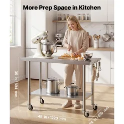 VEVOR Stainless Steel Work Table, 24x48 inch Food Prep Table with Wheels, Commercial Kitchen Workstation with Adjustable Undershelf, Metal Heavy Duty Utility Worktable, for Restaurant Home Outdoor