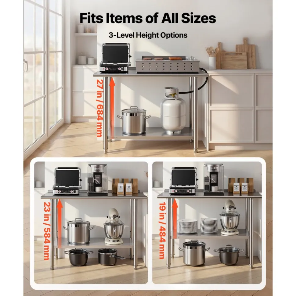 VEVOR Stainless Steel Work Table, 24x48 Inch Food Prep Table with Backsplash, Commercial Kitchen Workstation with Adjustable Undershelf, Metal Heavy Duty Utility Worktable, for Restaurant Home Outdoor