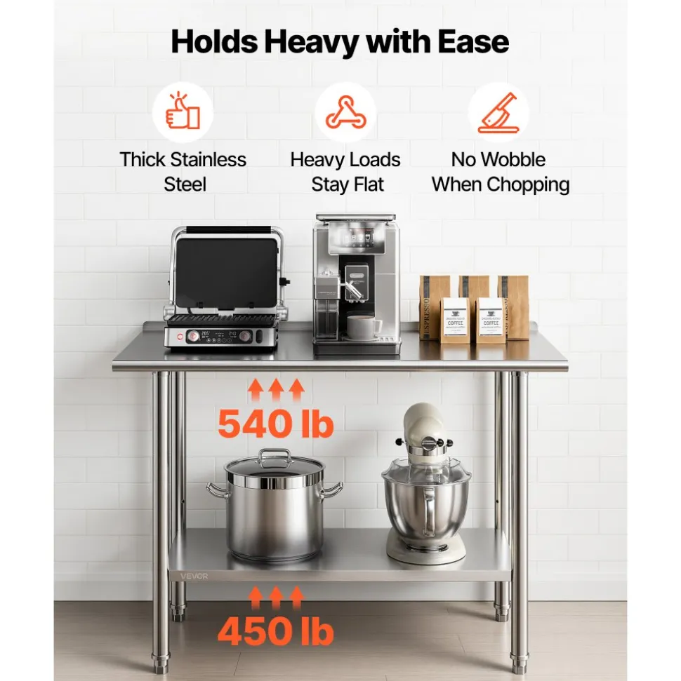 VEVOR Stainless Steel Work Table, 24x48 Inch Food Prep Table with Backsplash, Commercial Kitchen Workstation with Adjustable Undershelf, Metal Heavy Duty Utility Worktable, for Restaurant Home Outdoor