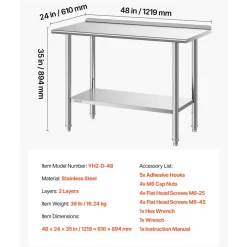 VEVOR Stainless Steel Work Table, 24x48 Inch Food Prep Table with Backsplash, Commercial Kitchen Workstation with Adjustable Undershelf, Metal Heavy Duty Utility Worktable, for Restaurant Home Outdoor