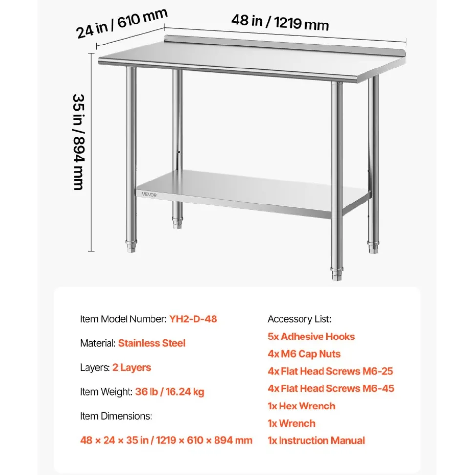 VEVOR Stainless Steel Work Table, 24x48 Inch Food Prep Table with Backsplash, Commercial Kitchen Workstation with Adjustable Undershelf, Metal Heavy Duty Utility Worktable, for Restaurant Home Outdoor