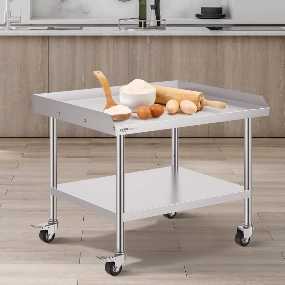 VEVOR Stainless Steel Work Table, 30 x 36 x 30 Inch Commercial Food Prep Worktable with 4 Wheels, Casters, 3-Sided Backsplash Heavy Duty Prep Worktable, Metal Work Table for Restaurant Home Hotel