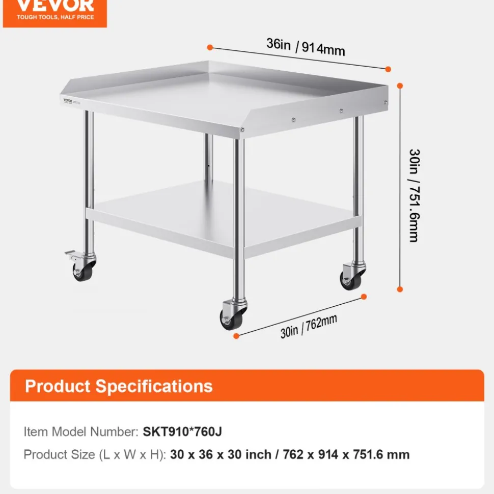VEVOR Stainless Steel Work Table, 30 x 36 x 30 Inch Commercial Food Prep Worktable with 4 Wheels, Casters, 3-Sided Backsplash Heavy Duty Prep Worktable, Metal Work Table for Restaurant Home Hotel