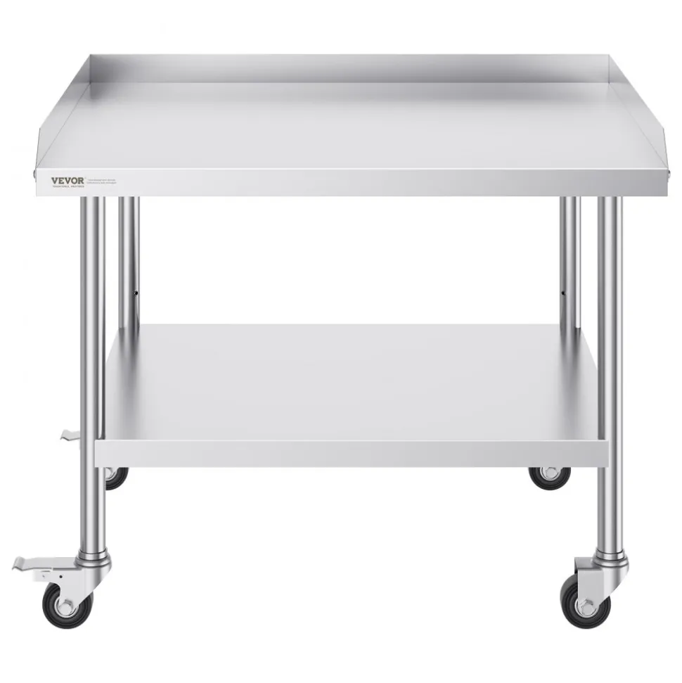 VEVOR Stainless Steel Work Table, 30 x 36 x 30 Inch Commercial Food Prep Worktable with 4 Wheels, Casters, 3-Sided Backsplash Heavy Duty Prep Worktable, Metal Work Table for Restaurant Home Hotel