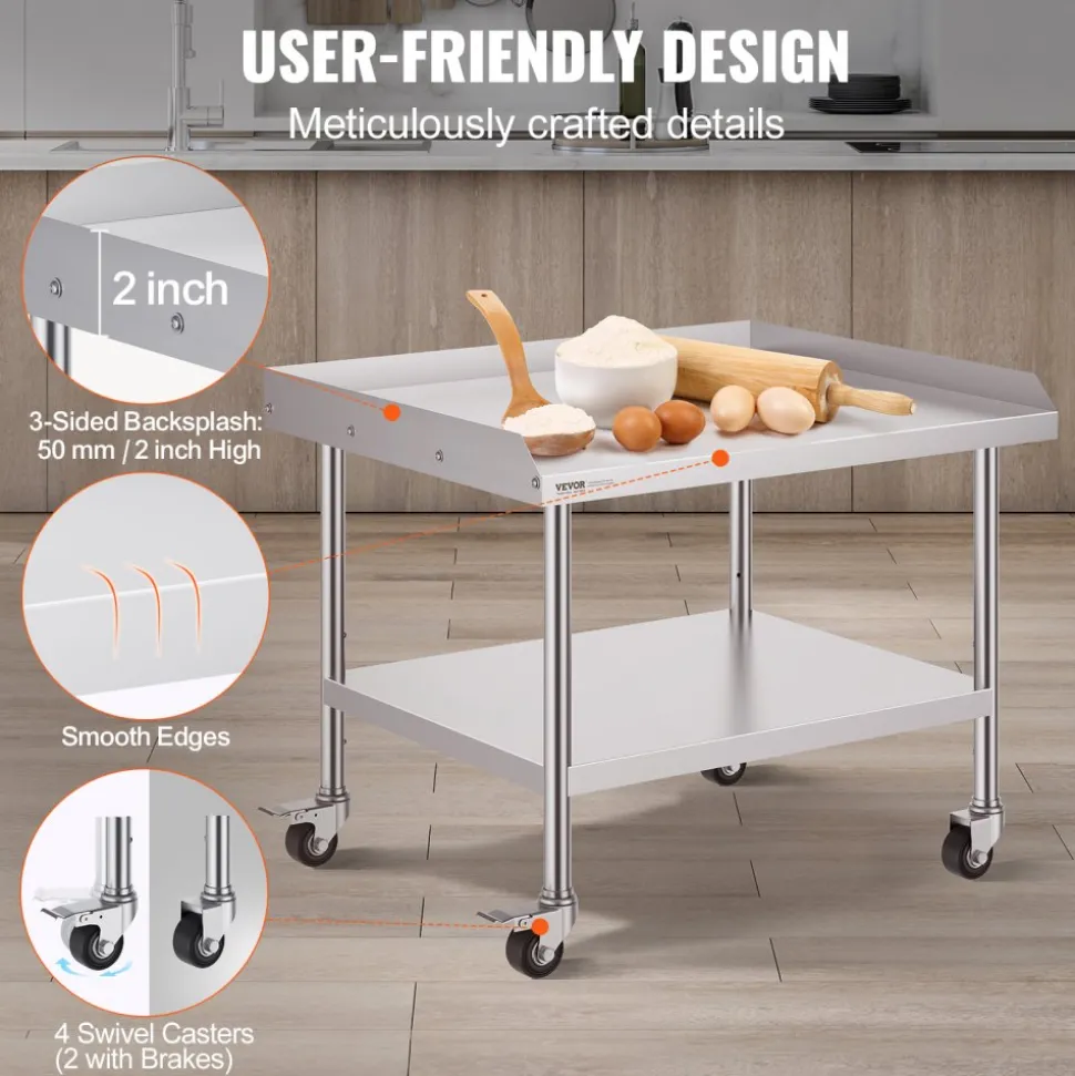 VEVOR Stainless Steel Work Table, 30 x 36 x 30 Inch Commercial Food Prep Worktable with 4 Wheels, Casters, 3-Sided Backsplash Heavy Duty Prep Worktable, Metal Work Table for Restaurant Home Hotel