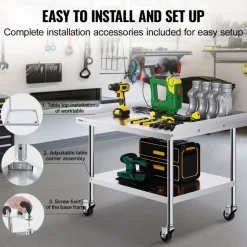 VEVOR Stainless Steel Work Table, 30 x 36 x 30 Inch Commercial Food Prep Worktable with 4 Wheels, Casters, 3-Sided Backsplash Heavy Duty Prep Worktable, Metal Work Table for Restaurant Home Hotel