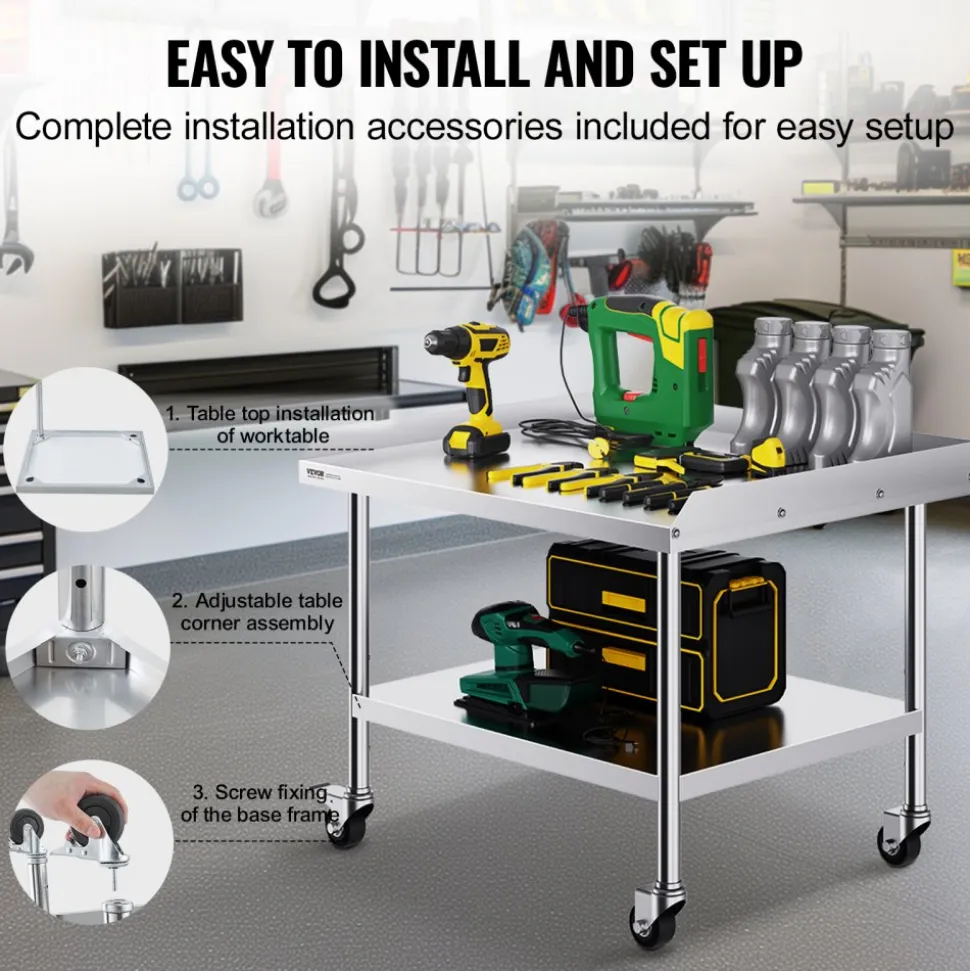 VEVOR Stainless Steel Work Table, 30 x 36 x 30 Inch Commercial Food Prep Worktable with 4 Wheels, Casters, 3-Sided Backsplash Heavy Duty Prep Worktable, Metal Work Table for Restaurant Home Hotel