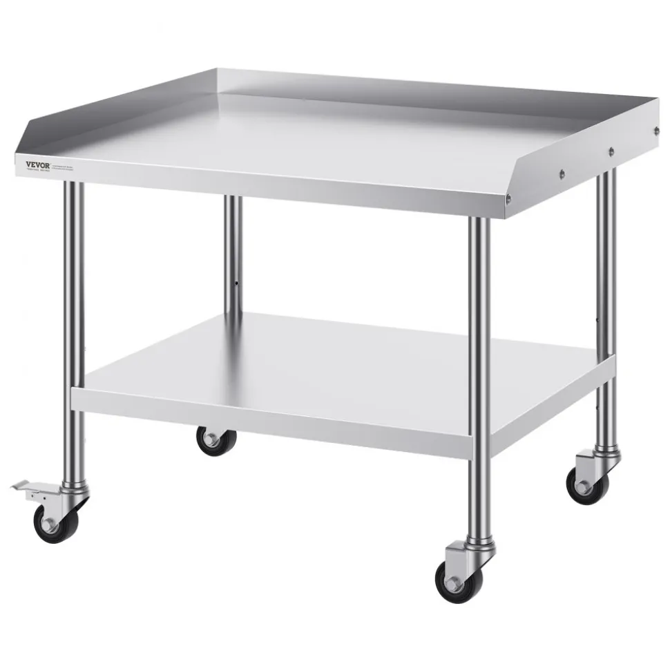 VEVOR Stainless Steel Work Table, 30 x 36 x 30 Inch Commercial Food Prep Worktable with 4 Wheels, Casters, 3-Sided Backsplash Heavy Duty Prep Worktable, Metal Work Table for Restaurant Home Hotel