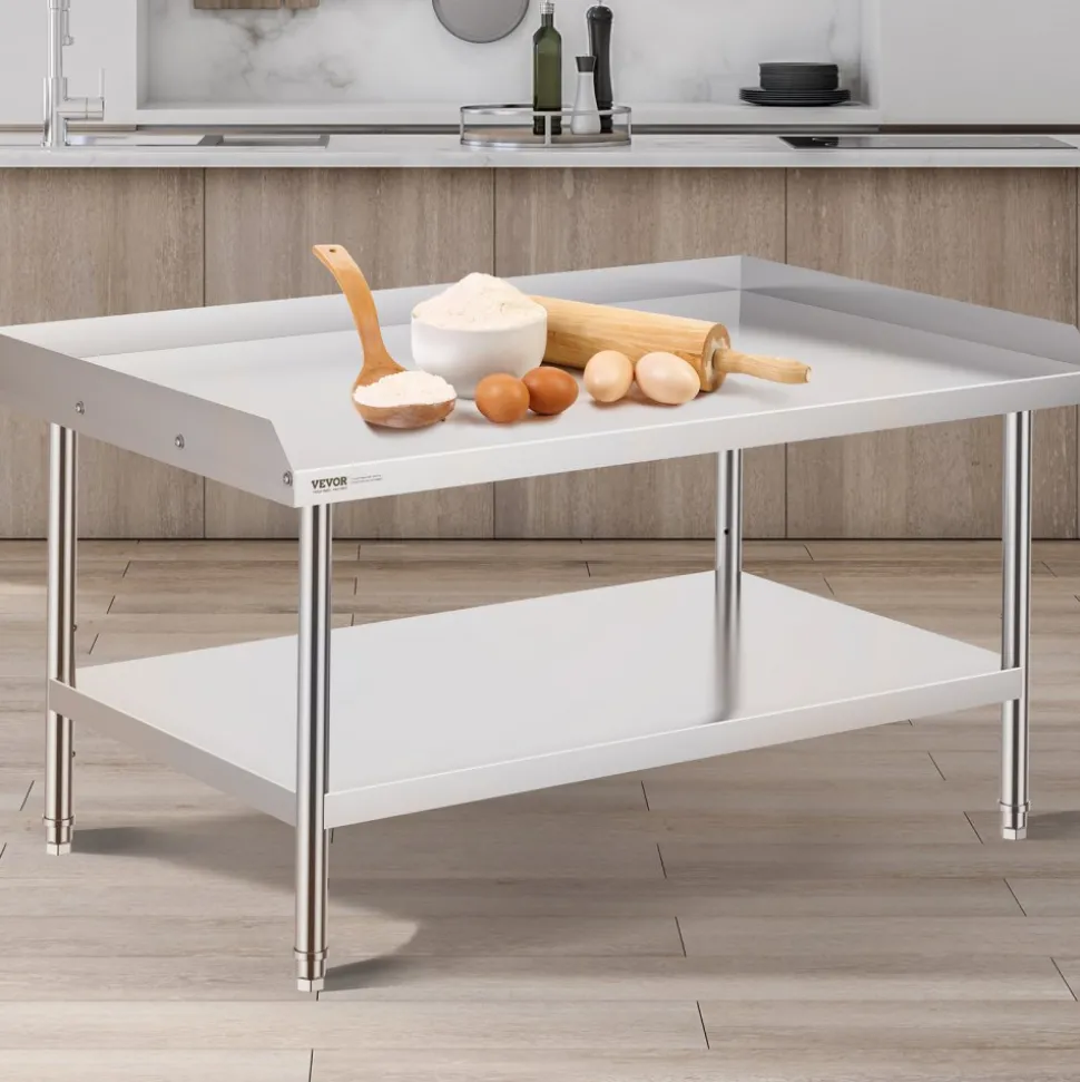 VEVOR Stainless Steel Work Table, 30 x 48 x 26 Inch Commercial Food Prep Worktable, 3-Sided Backsplash Heavy Duty Prep Worktable, Metal Work Table with Adjustable Height for Restaurant Home Hotel