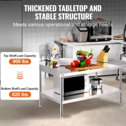 VEVOR Stainless Steel Work Table, 30 x 48 x 26 Inch Commercial Food Prep Worktable, 3-Sided Backsplash Heavy Duty Prep Worktable, Metal Work Table with Adjustable Height for Restaurant Home Hotel