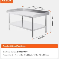 VEVOR Stainless Steel Work Table, 30 x 48 x 26 Inch Commercial Food Prep Worktable, 3-Sided Backsplash Heavy Duty Prep Worktable, Metal Work Table with Adjustable Height for Restaurant Home Hotel