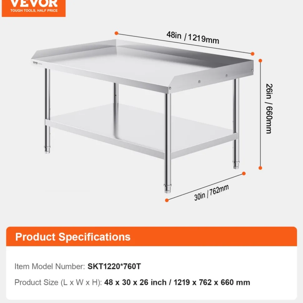 VEVOR Stainless Steel Work Table, 30 x 48 x 26 Inch Commercial Food Prep Worktable, 3-Sided Backsplash Heavy Duty Prep Worktable, Metal Work Table with Adjustable Height for Restaurant Home Hotel