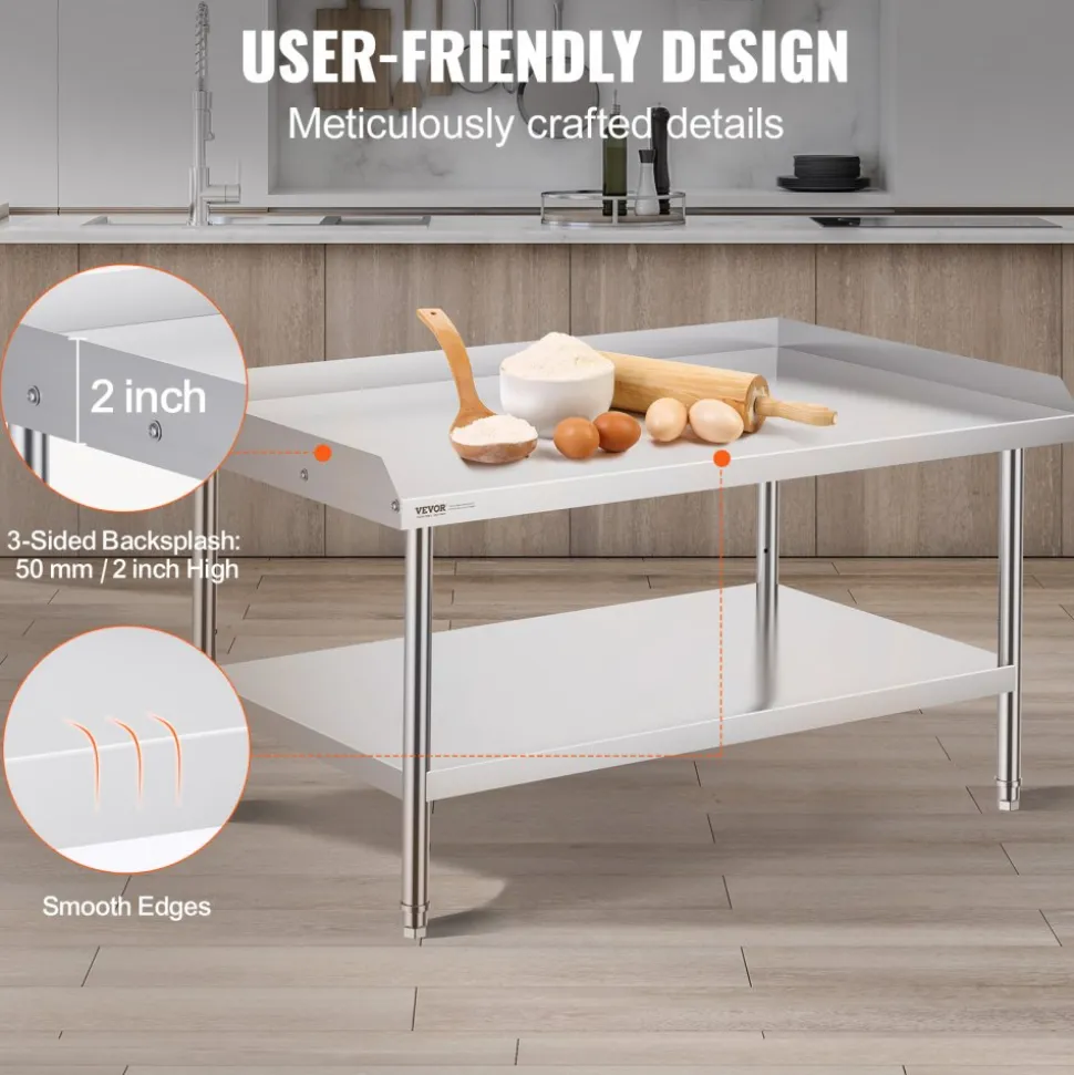VEVOR Stainless Steel Work Table, 30 x 48 x 26 Inch Commercial Food Prep Worktable, 3-Sided Backsplash Heavy Duty Prep Worktable, Metal Work Table with Adjustable Height for Restaurant Home Hotel