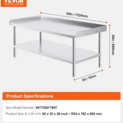 VEVOR Stainless Steel Work Table, 30 x 60 x 26 Inch Commercial Food Prep Worktable, 3-Sided Backsplash Heavy Duty Prep Worktable, Metal Work Table for Restaurant Home Hotel