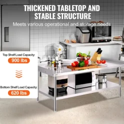 VEVOR Stainless Steel Work Table, 30 x 60 x 26 Inch Commercial Food Prep Worktable, 3-Sided Backsplash Heavy Duty Prep Worktable, Metal Work Table for Restaurant Home Hotel