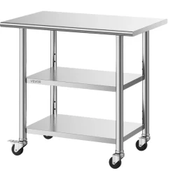 VEVOR Stainless Steel Work Table, 24x36 Inch Food Prep Table with 2 Shelves and Wheels, Commercial Kitchen Workstation, Metal Heavy Duty Utility Worktable, for Restaurant Home Hotel Garage Outdoor