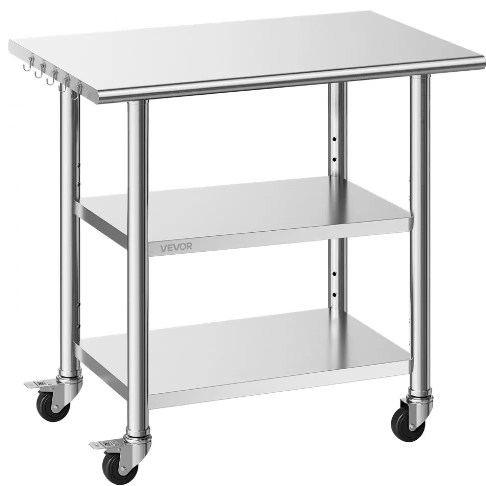 VEVOR Stainless Steel Work Table, 24x36 Inch Food Prep Table with 2 Shelves and Wheels, Commercial Kitchen Workstation, Metal Heavy Duty Utility Worktable, for Restaurant Home Hotel Garage Outdoor