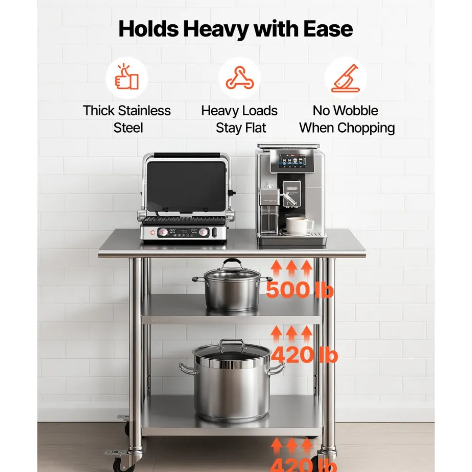 VEVOR Stainless Steel Work Table, 24x36 Inch Food Prep Table with 2 Shelves and Wheels, Commercial Kitchen Workstation, Metal Heavy Duty Utility Worktable, for Restaurant Home Hotel Garage Outdoor
