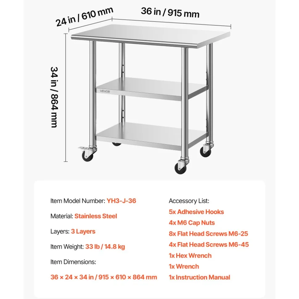 VEVOR Stainless Steel Work Table, 24x36 Inch Food Prep Table with 2 Shelves and Wheels, Commercial Kitchen Workstation, Metal Heavy Duty Utility Worktable, for Restaurant Home Hotel Garage Outdoor