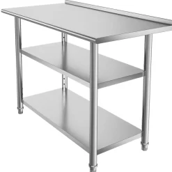 VEVOR Stainless Steel Work Table, 24x48 Inch Food Prep Table with 2 Shelves and Backsplash, Commercial Kitchen Workstation, Metal Heavy Duty Utility Worktable, for Restaurant Home Hotel Garage Outdoor