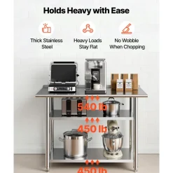 VEVOR Stainless Steel Work Table, 24x48 Inch Food Prep Table with 2 Shelves and Backsplash, Commercial Kitchen Workstation, Metal Heavy Duty Utility Worktable, for Restaurant Home Hotel Garage Outdoor