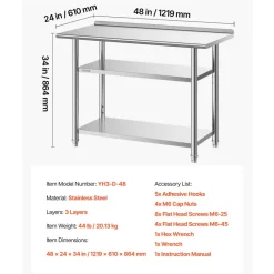 VEVOR Stainless Steel Work Table, 24x48 Inch Food Prep Table with 2 Shelves and Backsplash, Commercial Kitchen Workstation, Metal Heavy Duty Utility Worktable, for Restaurant Home Hotel Garage Outdoor