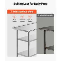 VEVOR Stainless Steel Work Table, 24x48 Inch Food Prep Table with 2 Shelves and Backsplash, Commercial Kitchen Workstation, Metal Heavy Duty Utility Worktable, for Restaurant Home Hotel Garage Outdoor