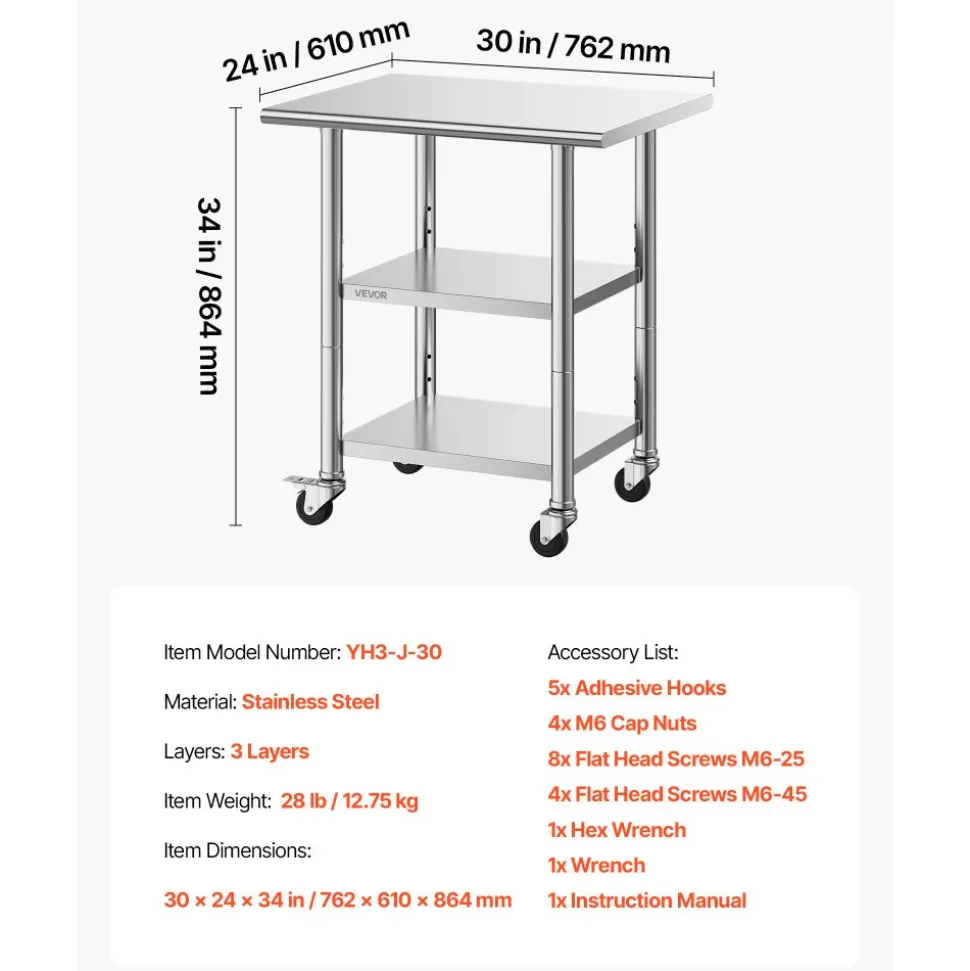 VEVOR Stainless Steel Work Table, 24x30 Inch Food Prep Table with 2 Shelves and Wheels, Commercial Kitchen Workstation, Metal Heavy Duty Utility Worktable, for Restaurant Home Hotel Garage Outdoor