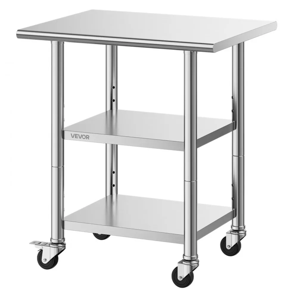 VEVOR Stainless Steel Work Table, 24x30 Inch Food Prep Table with 2 Shelves and Wheels, Commercial Kitchen Workstation, Metal Heavy Duty Utility Worktable, for Restaurant Home Hotel Garage Outdoor
